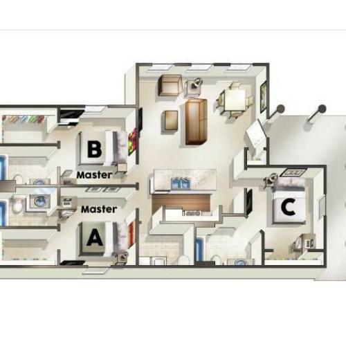 C1 Floor Plan | 3 Bedroom Floor Plan | The Quarters | Apartments In Lafayette LA