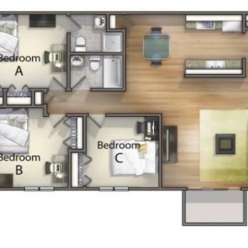 C2 - 3 Bedroom | University Oaks | Kent State Apartments
