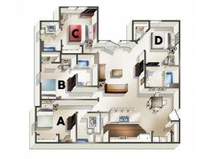 D1 Floor Plan | 4 Bedroom Floor Plan | The Quarters | Lafayette LA Student Apartments