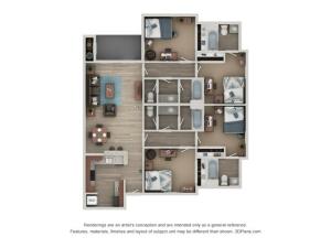 D1 Floor Plan | 4 Bdrm Floor Plan | Flatts at South Campus | Off Campus Apartments Oxford MS
