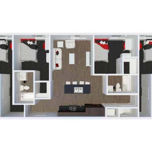 D1B1 with private balcony | 4 Bdrm Floor Plan | The Cardinal at West Center | Apartments near University Of Arkansas