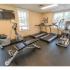 Workout machines and fitness equipment in apartment gym with large windows