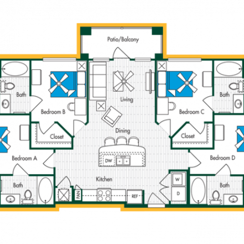 4 Bedroom, 4 Bath (D1) Floor Plan Layout