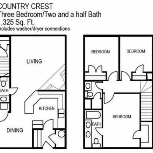 Three Bedroom / Two and a Half Bathroom, 1325 sqft home