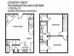 Two Bedroom / One and a Half Bathroom, 1120 sqft
