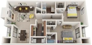 Two Bedroom | Two Bathroom | 972 sqft | Two Patios/Balconies | Full-Size Washer/Dryer Connections | Fireplace in Selected Units