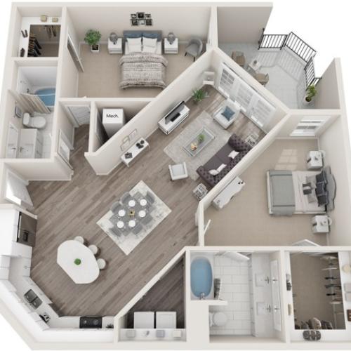 The Republic | Two Bedrooms | Two Bathrooms | 1266 sqft | Laundry Room with Full-Size Washer/Dryer | Patio/Balcony | Two Walk-in Closets
