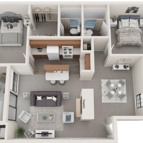 Two Bedrooms | Two Bathrooms | 1033 sqft | Full-Sized Washer/Dryer Connections | Fireplace | Two Walk-in Closets | Vaulted Ceiling in Selected Units