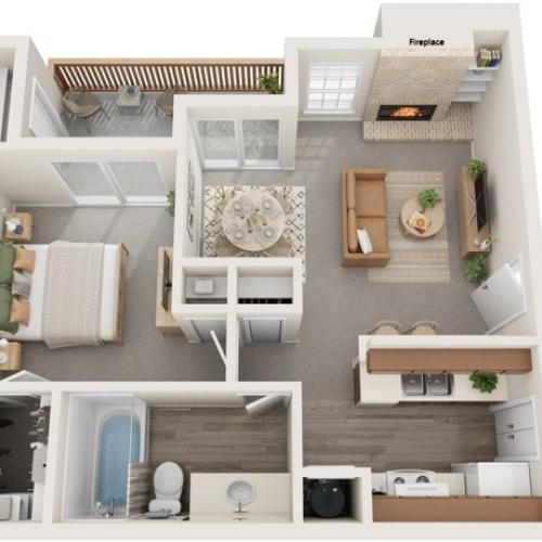 One Bedroom | One Bathroom | 667 sqft | Full-size Washer/Dryer Connections | Patio/Balcony w/Storage, | Walk-in Closet | Fireplace in select units