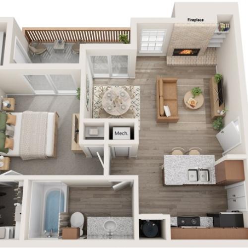 One Bedroom | One Bathroom | 667 sqft | Fully Renovated | Full-Size Washer/Dryer Connections | Patio/Balcony w/Storage | Walk-in Closet | Fireplace in select units | Vaulted Ceiling in select units