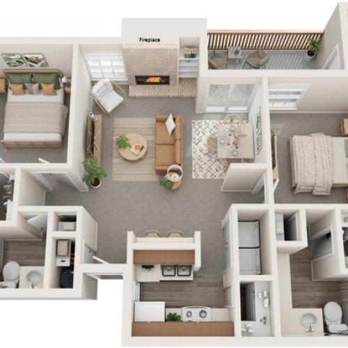 Two Bedrooms | Two Bathrooms | 956 sqft | Full-Size Washer/Dryer Connections | Patio/Balcony w/Storage | Walk-in Closets | Fireplace | Built-in Bookshelves