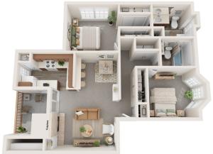 Two Bedrooms | Two Bathrooms | 1086 sqft | Full-Size Washer/Dryer Connections | Patio/Balcony w/Storage | Built-in Bookshelves | Fireplace in select units