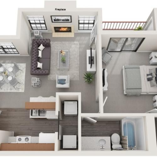 One Bedroom  | 658 sqft | Full-Size Washer/Dryer Connections | Patio/Balcony | Fireplace in Selected Units | Dry Bar in Selected Units | Vaulted Ceilings in Selected Units