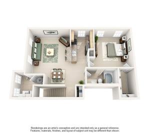 1 Bedroom (891 SF) Floor Plan Image