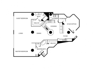 Floorplan of unit with two bedrooms, two bathrooms, and an office.