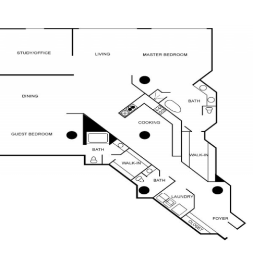 Floorplan of a unit featuring 2 bedrooms, 2 bathrooms, and a study or office.