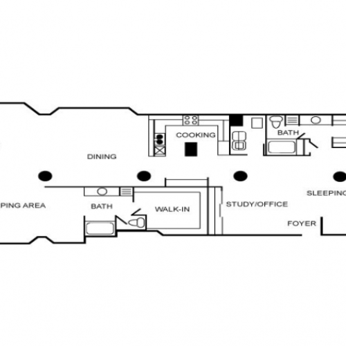 Apartment floor plan featuring two bedrooms and two bathrooms.