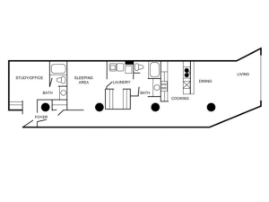 Floorplan of a unit featuring two bedrooms and two bathrooms.