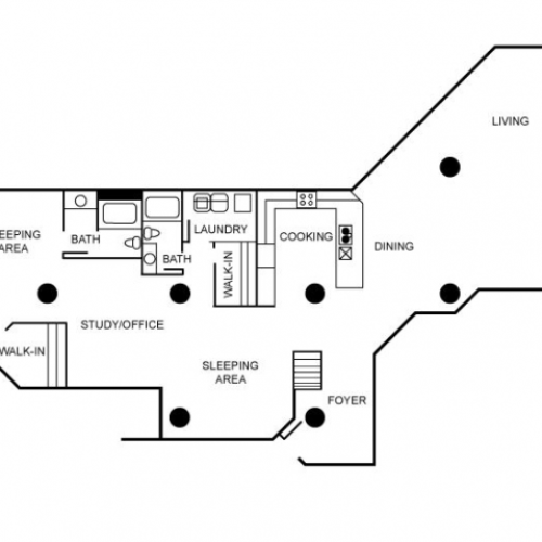Floorplan of a unit featuring 2 bedrooms, 2 bathrooms, and a study.