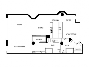 Floor plan of a unit featuring a foyer, dining area, sleeping area, and a study or office,