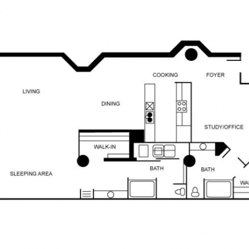 Floor plan of a unit featuring a foyer, dining area, sleeping area, and a study or office,