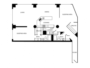 Floor plan of a two bedroom and two bathroom apartment unti.
