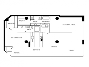 Two bedroom and two bathroom apartment floor plan.