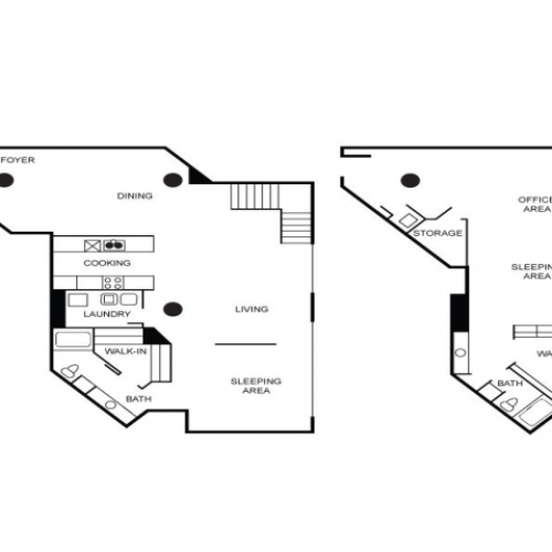 Two-story loft style apartment floor plan featuring two bedrooms, two bathrooms, living area, office area, walk-in closet, kitchen, foyer, and dining room.