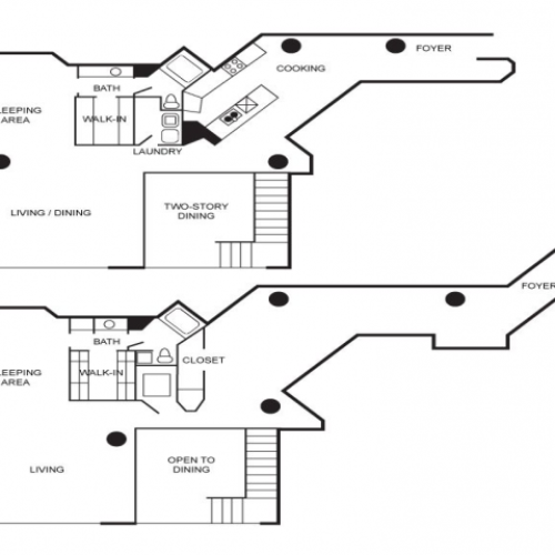 Loft apartment floor plan with 3 bedrooms and 2 bathrooms. 2 story unit.