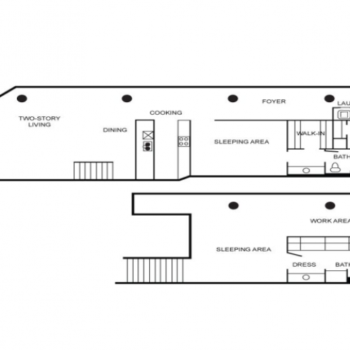 Floor plan featuring two bedrooms, two bathrooms, laundry area, living area, dining area, and kitchen.