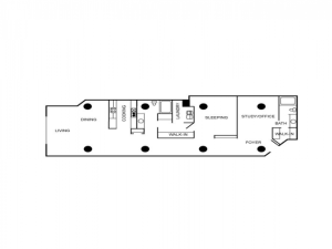 Floor plan for an apartment unit with two bedrooms, two bathrooms, two story dining, and two story living areas.
