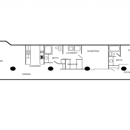 Floor plan of a two bedroom and two bathroom unit with a laundry area, kitchen, living area, and a dining area.