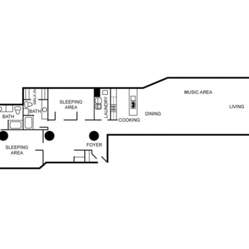 Floor plan for an apartment unit that has two bedrooms and 2 bathrooms.