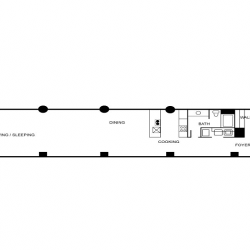 Loft style apartment floorplan featuring 1 bedroom and 1 bathroom.