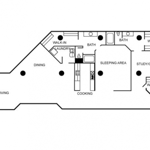 Loft apartment floor plan featuring two bedrooms and two bathrooms.