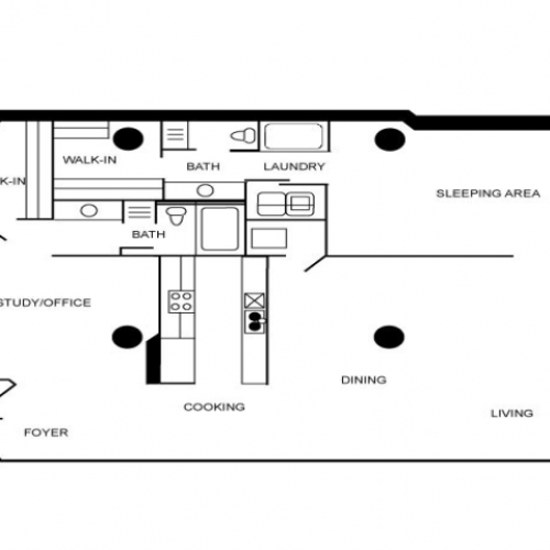 Floor plan of an apartment unit featuring on bedroom, one bathroom, laundry area, walk-in closet, and a cooking area.