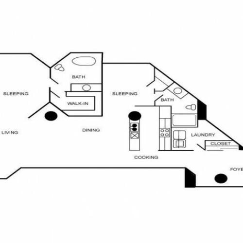 Floor plan of an apartment with two bedrooms, 2 bathrooms, foyer, living area, dining area, and kitchen.