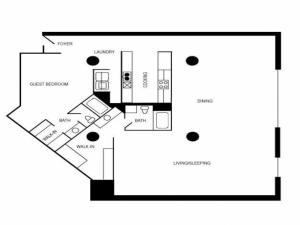 A two bedroom and two bathroom loft apartment floor plan.