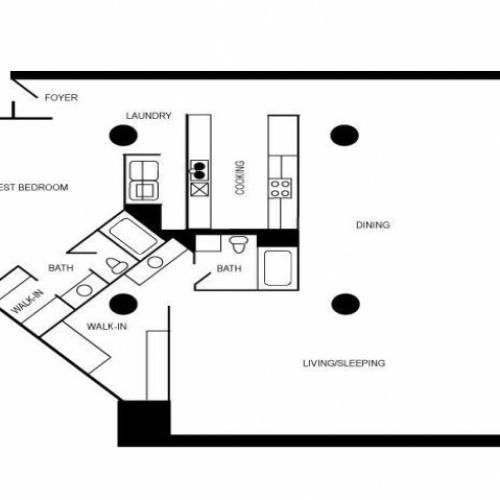 A two bedroom and two bathroom loft apartment floor plan.