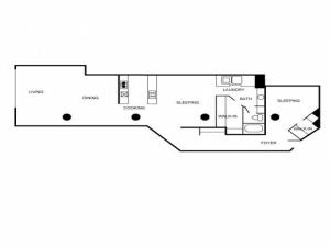 Loft style apartment unit floor plan with 2 bedrooms, 1 bathroom, laundry area, foyer, walk-in closet, dining area, living area, and kitchen.