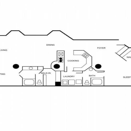 Apartment floor plan featuring two bedrooms, two bathrooms, dining and living areas, foyer, and walk-in closet.