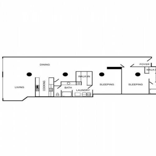 Loft apartment floor plan with 2 bedrooms and 2 bathrooms.