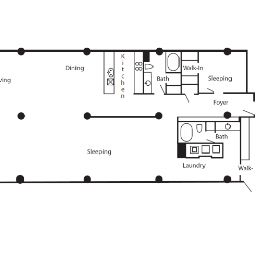 Floor plan for a two bedroom and two bathroom loft apartment.