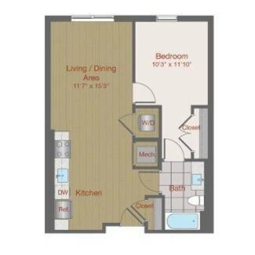 Image of 1B2 One Bedroom Floor Plan | Ovation at Arrowbrook | Herndon Affordable Apartments
