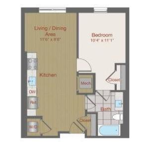 Image of 1E2 One Bedroom Floor Plan | Ovation at Arrowbrook | Herndon Affordable Apartments