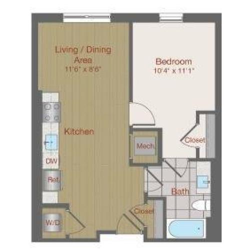Image of 1E2 One Bedroom Floor Plan | Ovation at Arrowbrook | Herndon Affordable Apartments