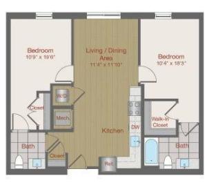 Image of 2C Two Bedroom Floor Plan | Ovation at Arrowbrook | Herndon Affordable Apartments