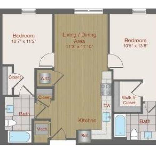 Image of 2D1 Two Bedroom Floor Plan | Ovation at Arrowbrook | Herndon Affordable Apartments