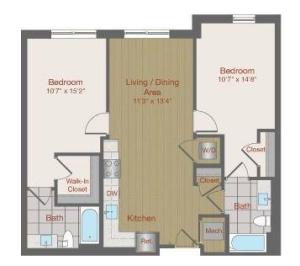 Image of 2D3 Two Bedroom Floor Plan | Ovation at Arrowbrook | Herndon Affordable Apartments