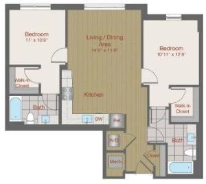 Image of 2H Two Bedroom Floor Plan | Ovation at Arrowbrook | Herndon Affordable Apartments